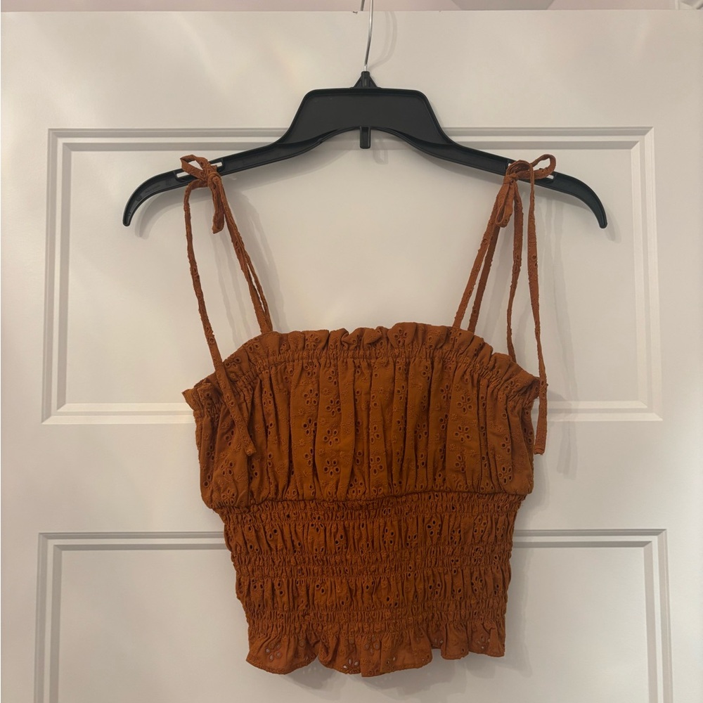GB Dillard's Women's Rust Brown Eyelet Smocked Adjustable Tie Straps Crop Top
